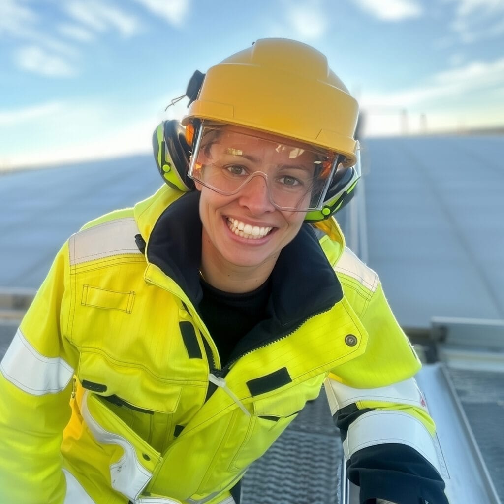 Smiling workers in protective gear at construction site