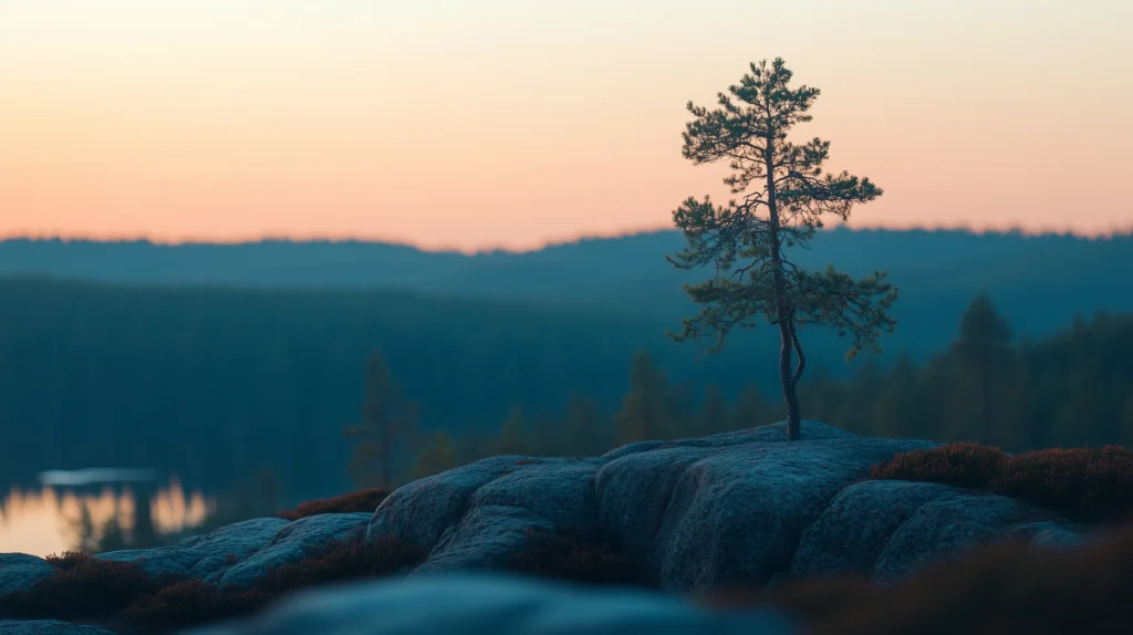 A lone pine tree on a cliff at sunset.